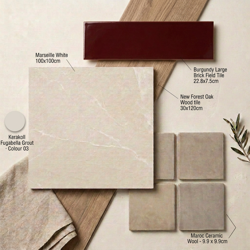 Image of Marseille White 100x100cm moodboard with labelled Maroc Ceramic Wool, Burgundy Large Brick Field Tile, New Forest Oak Wood tile and Kerakoll Fugabella Grout Colour 03 swatch.