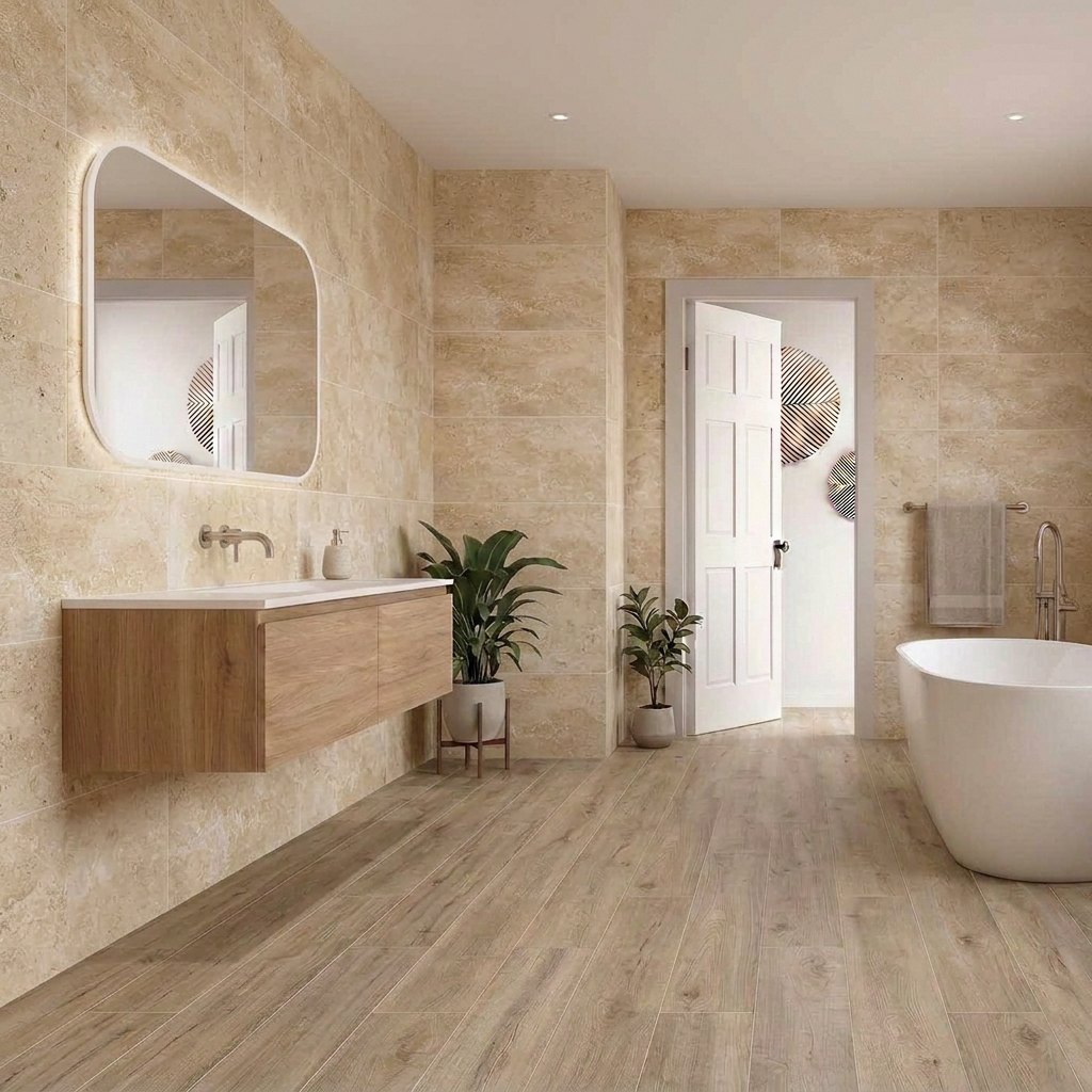 Image of Contemporary bathroom with Travertine Beige 37x75cm wall tiles and New Forest Elm Wood 30x120cm flooring