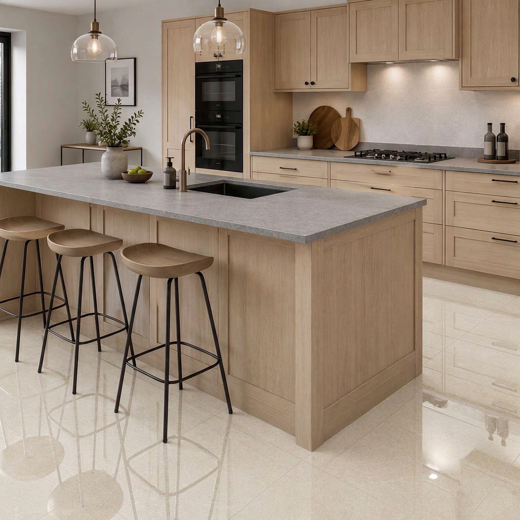 Image of Glossy warm ivory Sienna Bone 60x60cm floor tiles in an oak kitchen with natural light reflections