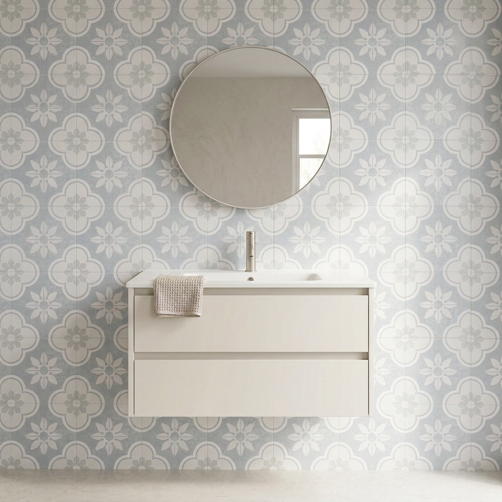Image of Bloom Mont patterned tiles used as a bathroom feature wall with a soft white basin unit