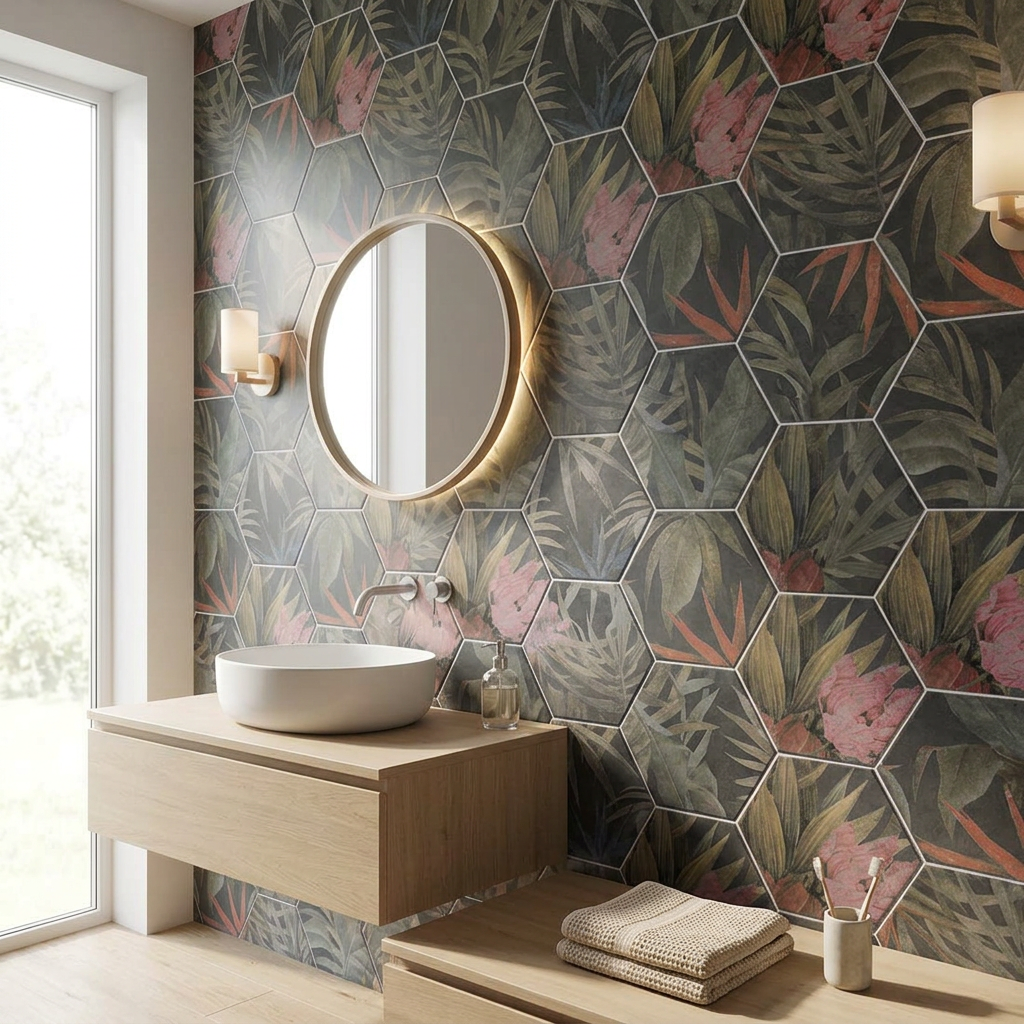 Image of Exotic Hexagon tile bathroom lifestyle visual