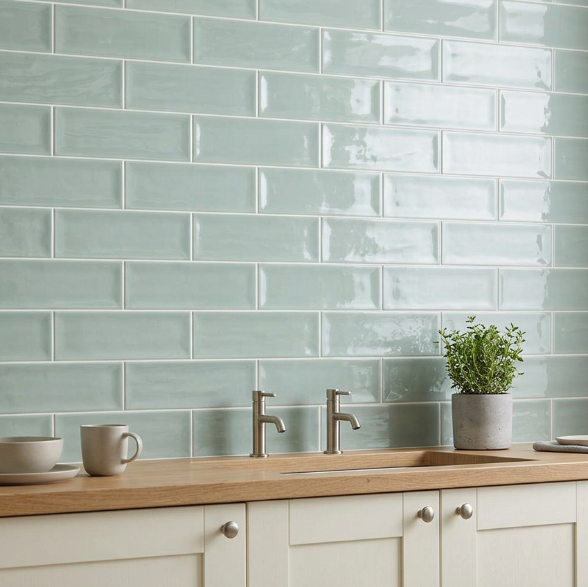 Image of Aria Green 10x30cm gloss brick tiles used as a kitchen splashback with off-white cabinetry.