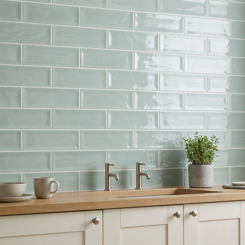 Image of Aria Green 10x30cm gloss brick tiles used as a kitchen splashback with off-white cabinetry.