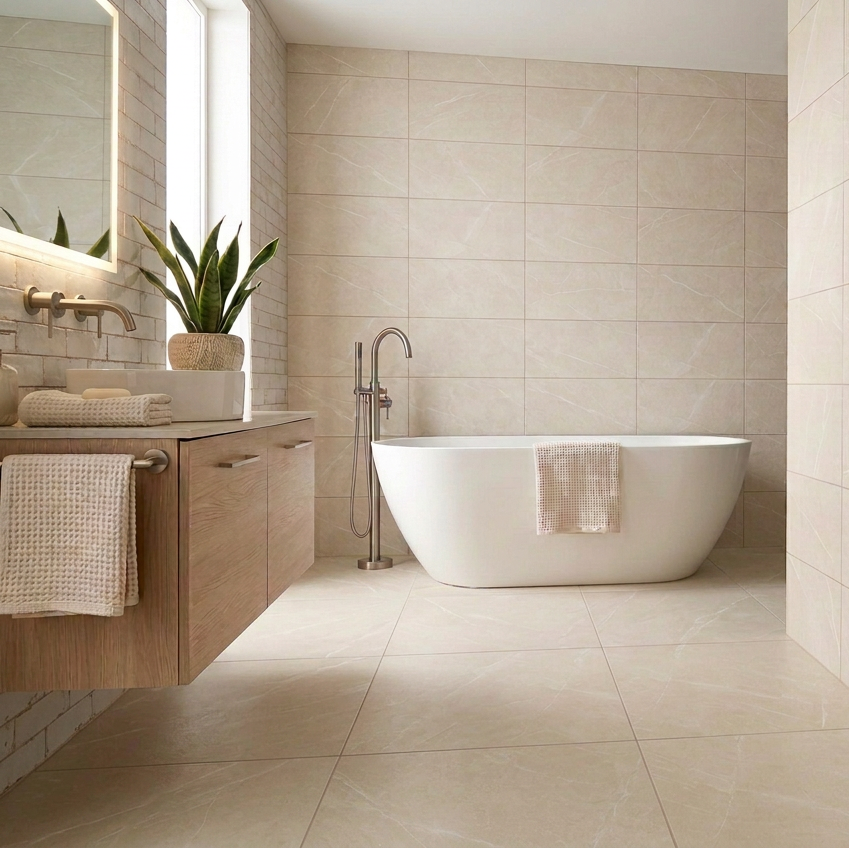 Image of Spa bathroom with Peru Beige 30x60cm wall tiles, 60x60cm floor tiles, Zellige Arctic basin wall and illuminated mirror