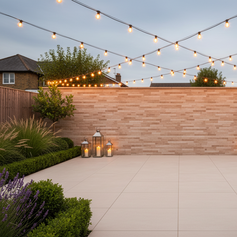 Image of Split Rock Beige wall tiles in an evening garden setting with string lights and floor candles, paired with Motion Ivory Outdoor Porcelain patio tiles