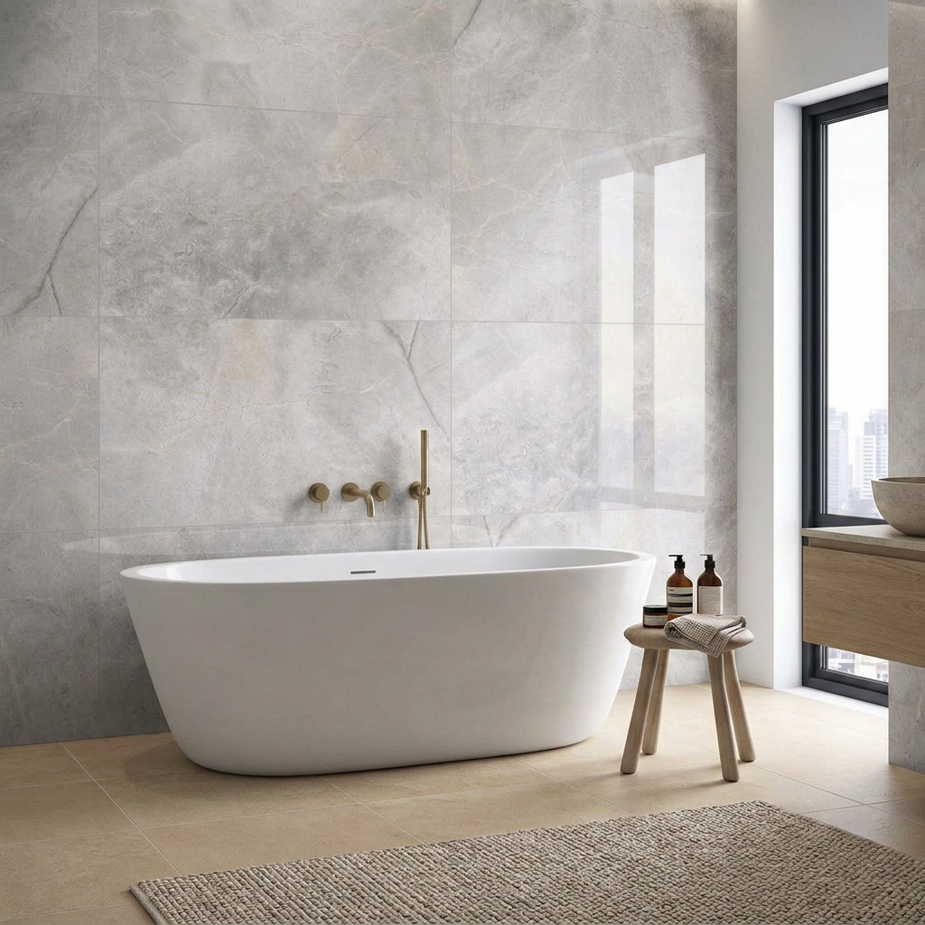 Image of Bathroom featuring Wonderlust Silver polished wall tiles with warm limestone-effect flooring