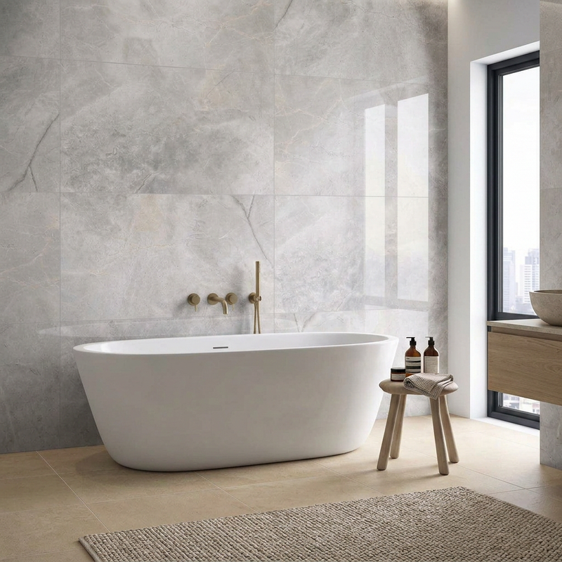 Image of Bathroom featuring Wonderlust Silver polished wall tiles with warm limestone-effect flooring