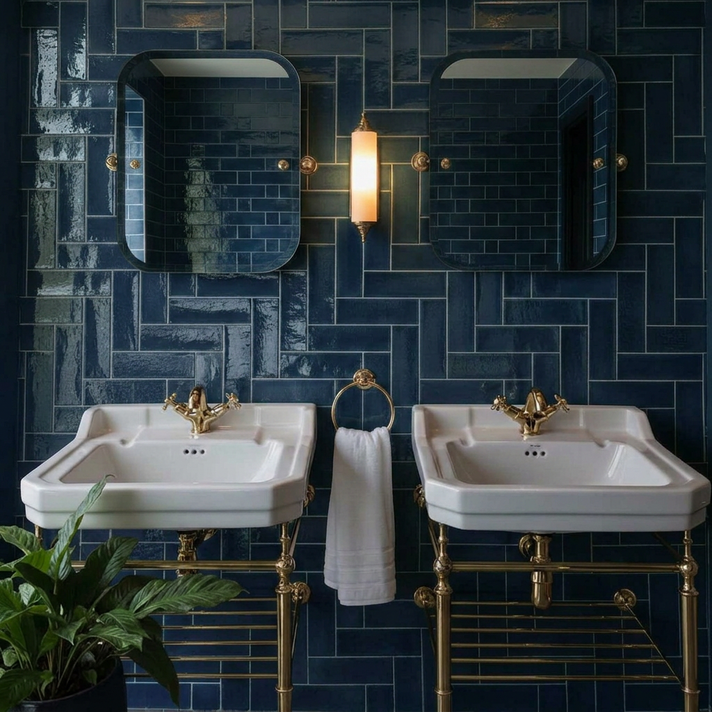Image of Orchard Navy Blue Brick Tile 7.5x23cm bathroom feature wall with twin white basins and brass fittings