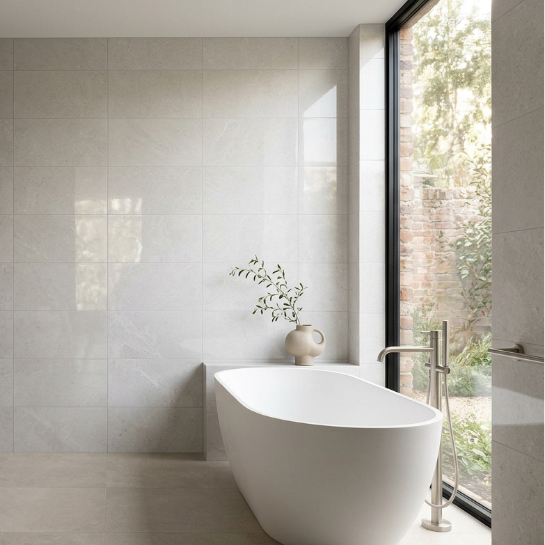 Image of Pale grey polished rectangular Sienna Perla tiles in a naturally lit bathroom with an oak vanity and freestanding bath