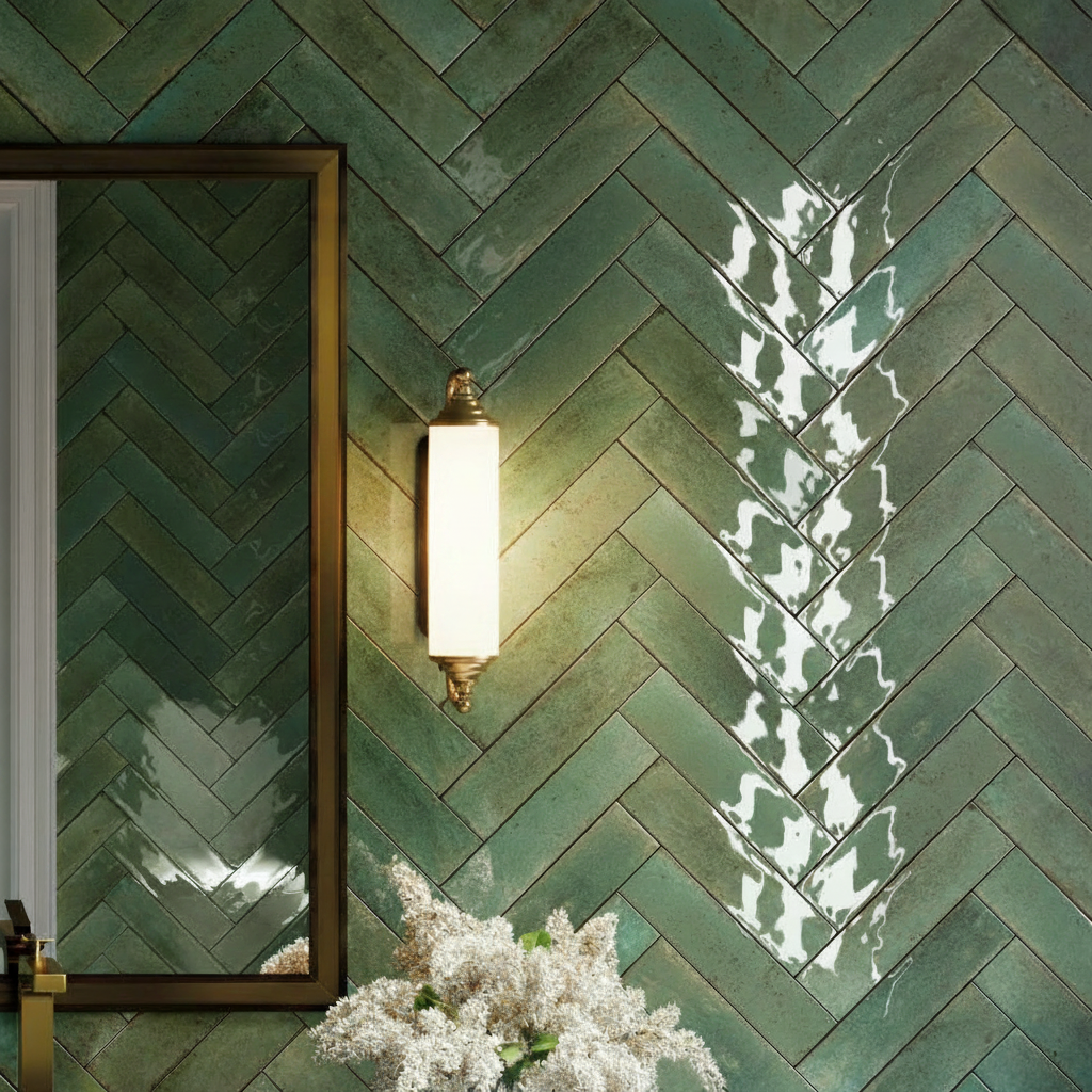 Image of Agadir Selva Green Gloss wall tile 7x28cm in herringbone pattern with wall sconce light on