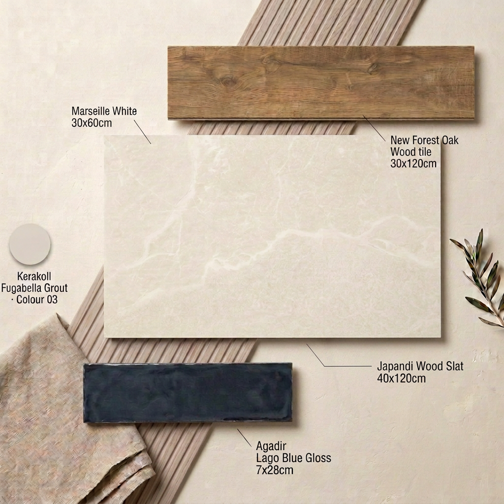 Image of Marseille White 30x60cm moodboard with labelled Japandi Wood Slat, New Forest Oak Wood tile, Agadir Lago Blue Gloss and Kerakoll Fugabella Grout Colour 03.