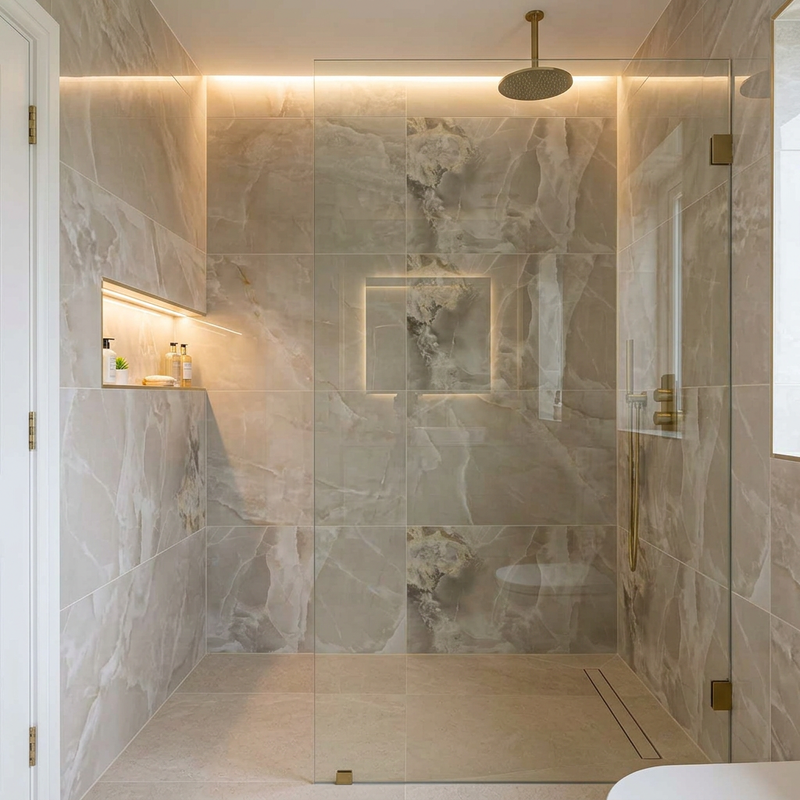 Image of Crystal Taupe walk-in shower with mood lighting