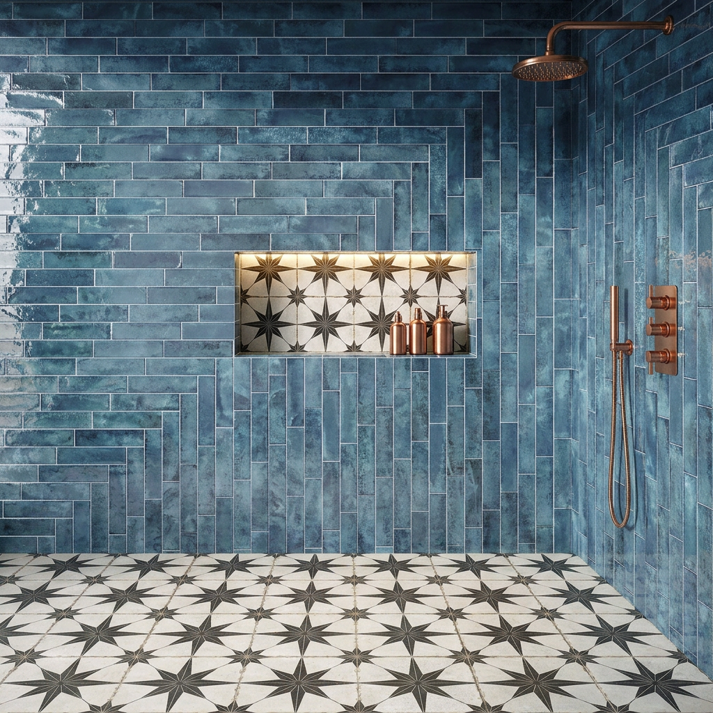 Image of Nissel Blue brick tile shower room with copper fittings, illuminated Rock Star tiled alcove and matching patterned floor