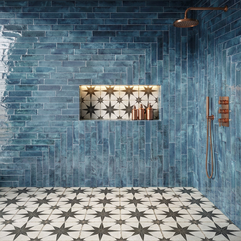 Image of Nissel Blue brick tile shower room with copper fittings, illuminated Rock Star tiled alcove and matching patterned floor