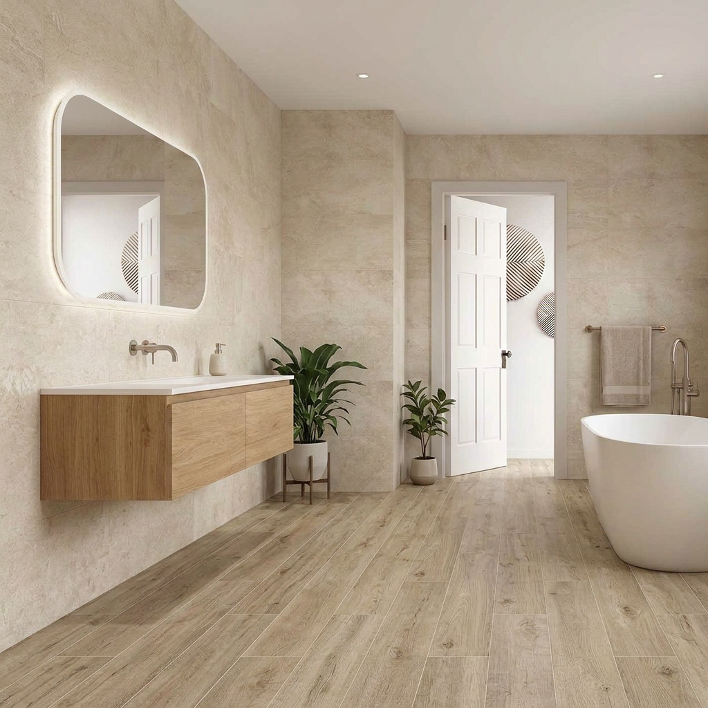 Image of Contemporary bathroom with Travertine Bone wall tiles and New Forest Elm Wood 30x120cm floor tiles