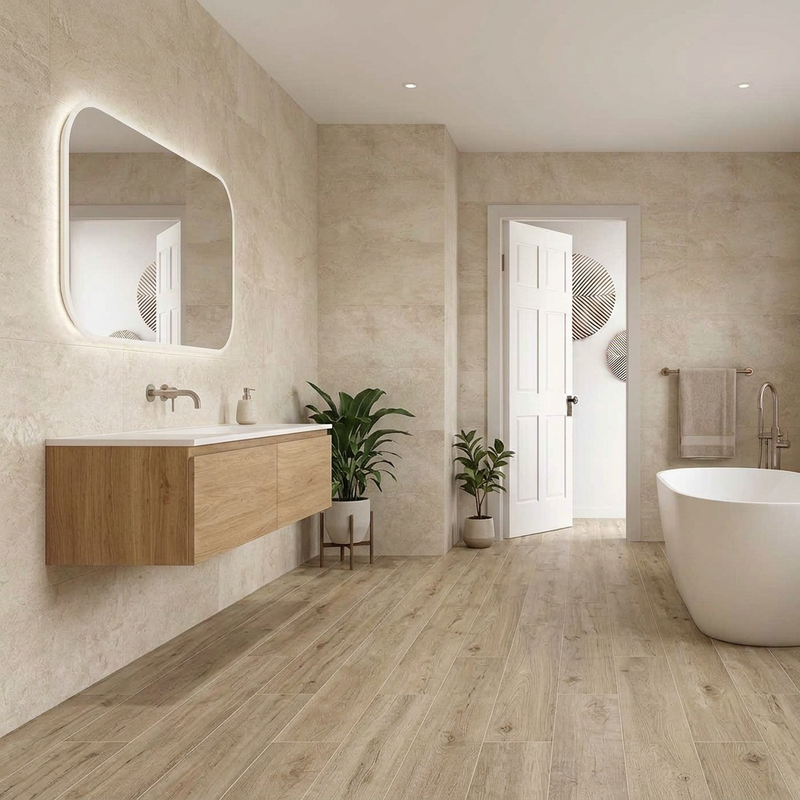 Image of Contemporary bathroom with Travertine Bone wall tiles and New Forest Elm Wood 30x120cm floor tiles