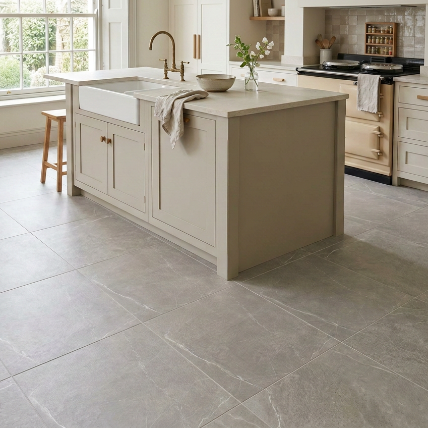 Image of Kitchen featuring Peru Grey 60x60cm floor tiles and Maroc Ceramic Wool splashback behind the cooker