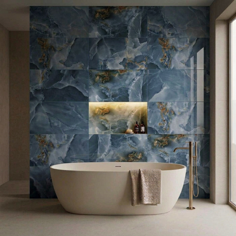 Image of Crystal Navy Blue marble-effect tiles in a bathroom with warm ambient lighting in the alcove above the bath