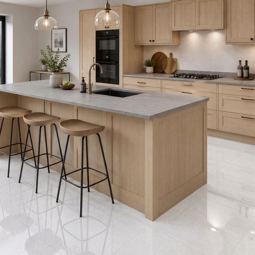 Image of Glossy near-white Sienna Artic 60x60cm floor tiles reflecting natural light in an oak kitchen