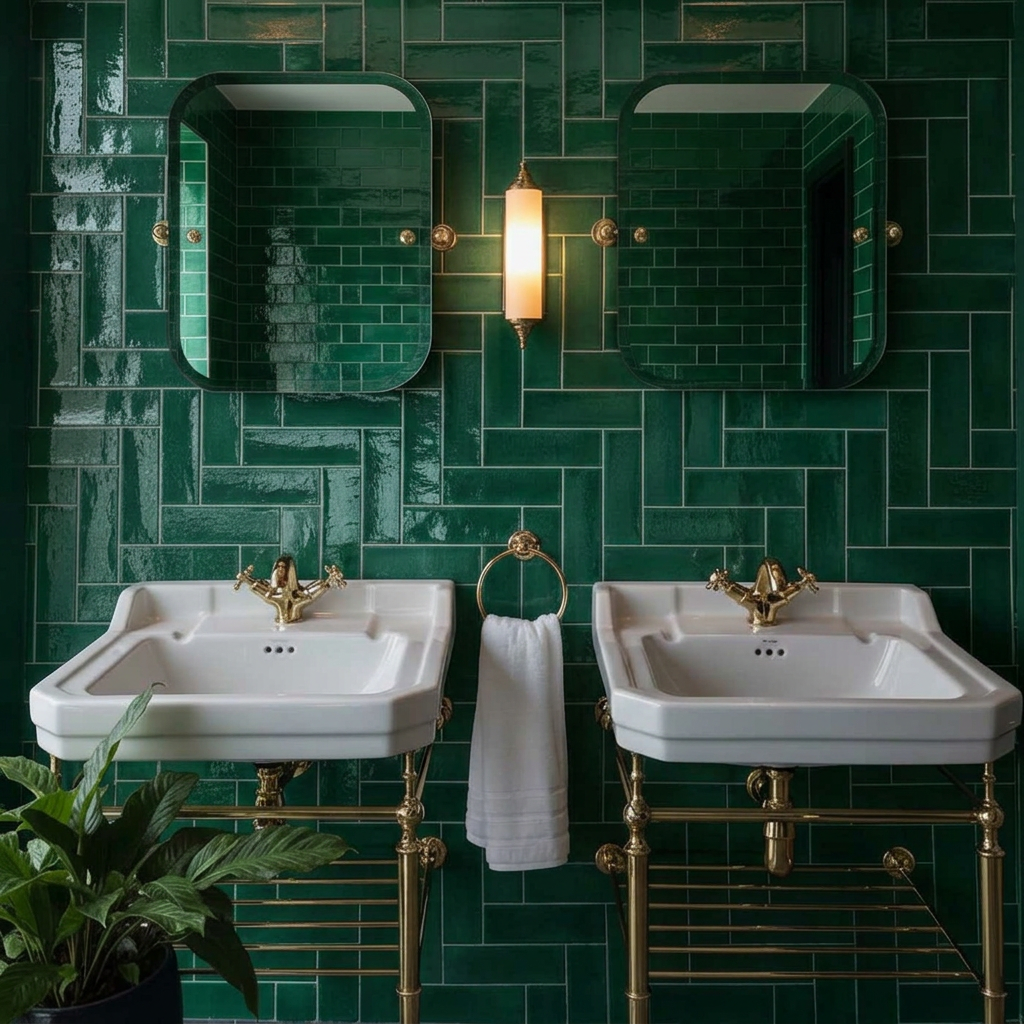 Image of Orchard Green Brick Tile 7.5x23cm bathroom feature wall with twin white basins and brass fittings