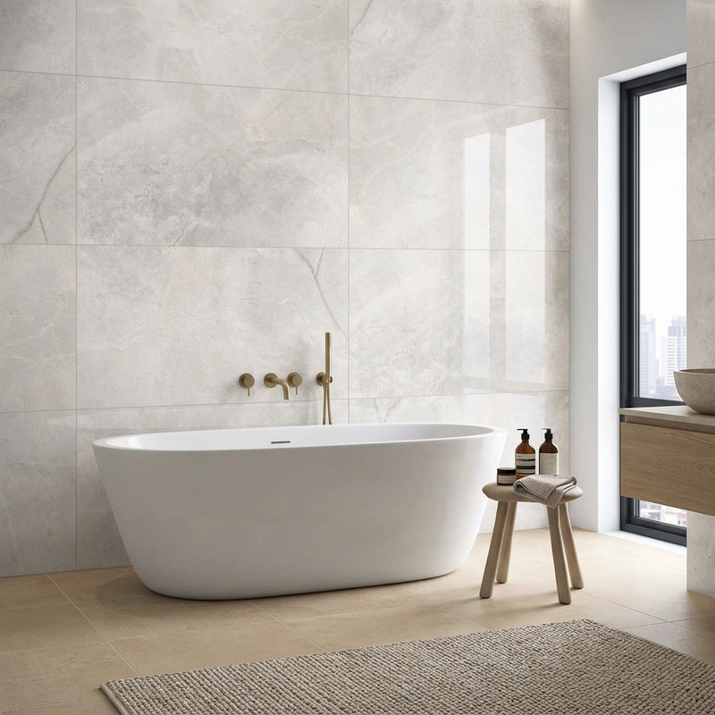 Image of Bathroom featuring Wonderlust White polished wall tiles with warm limestone-effect flooring