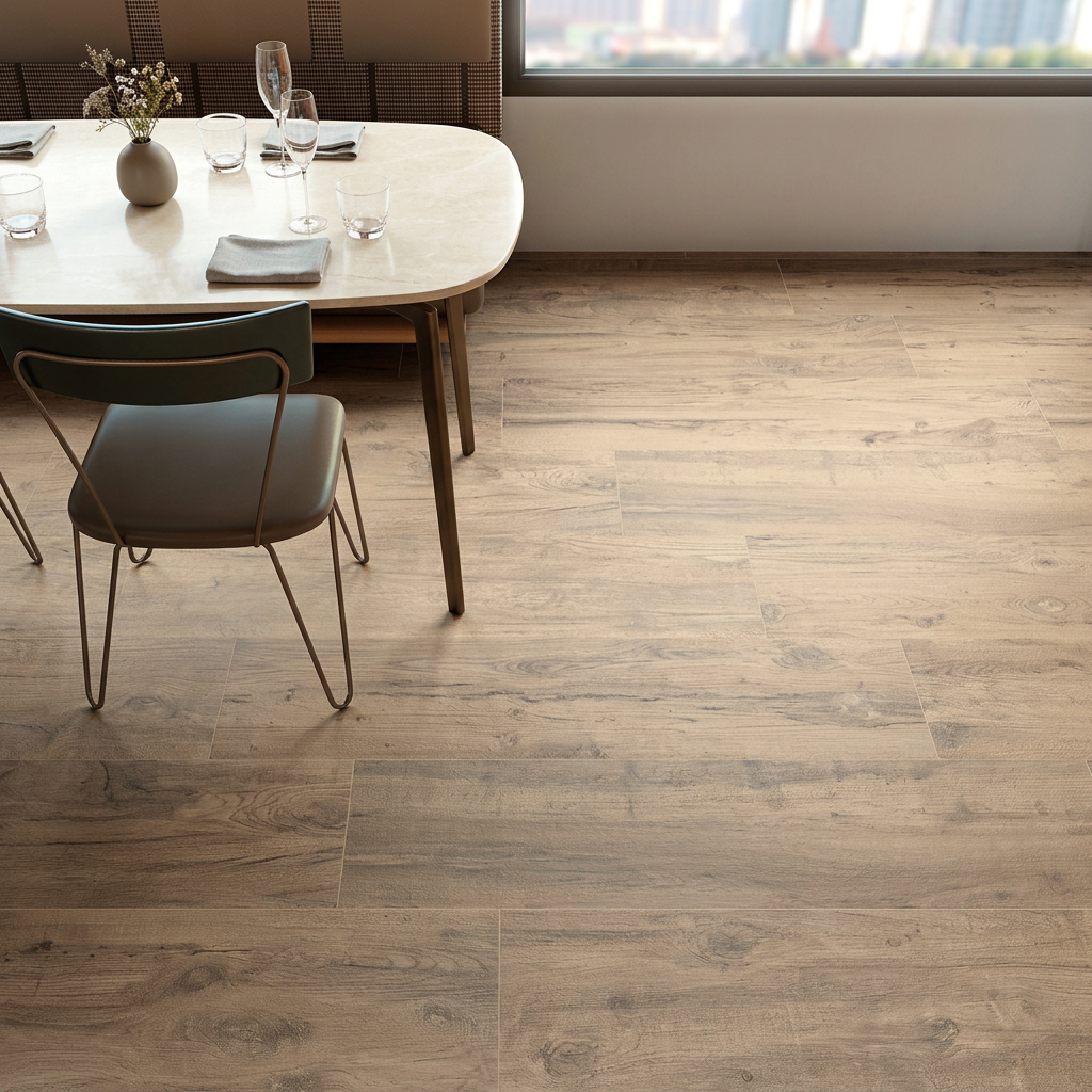 Image of New Forest Elm wood-effect floor tiles in a dining area with an ivory stone-top table