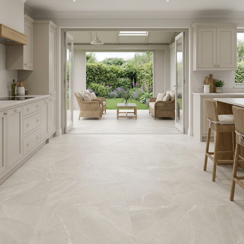 Image of Marseille White 100x100cm tile flooring in a neutral kitchen connecting to a matching garden terrace