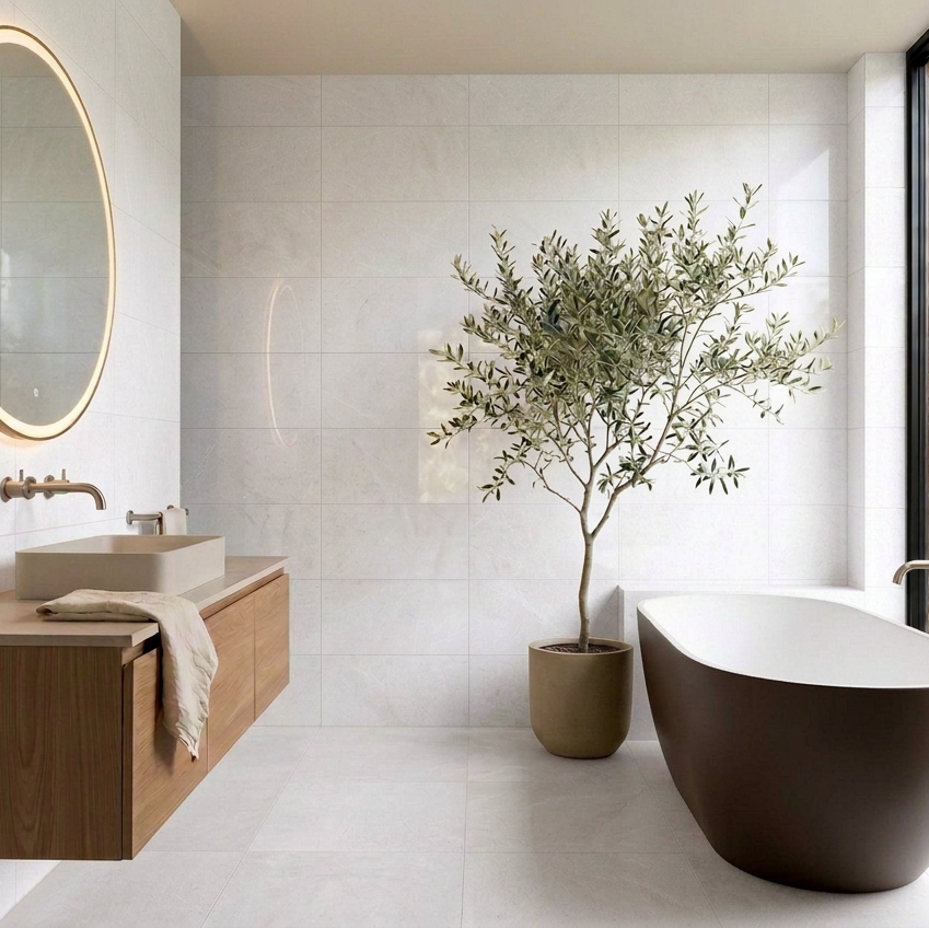Image of Sienna Artic white rectangular tiles in a naturally lit bathroom with a dark chocolate bath, illuminated mirror and large olive tree