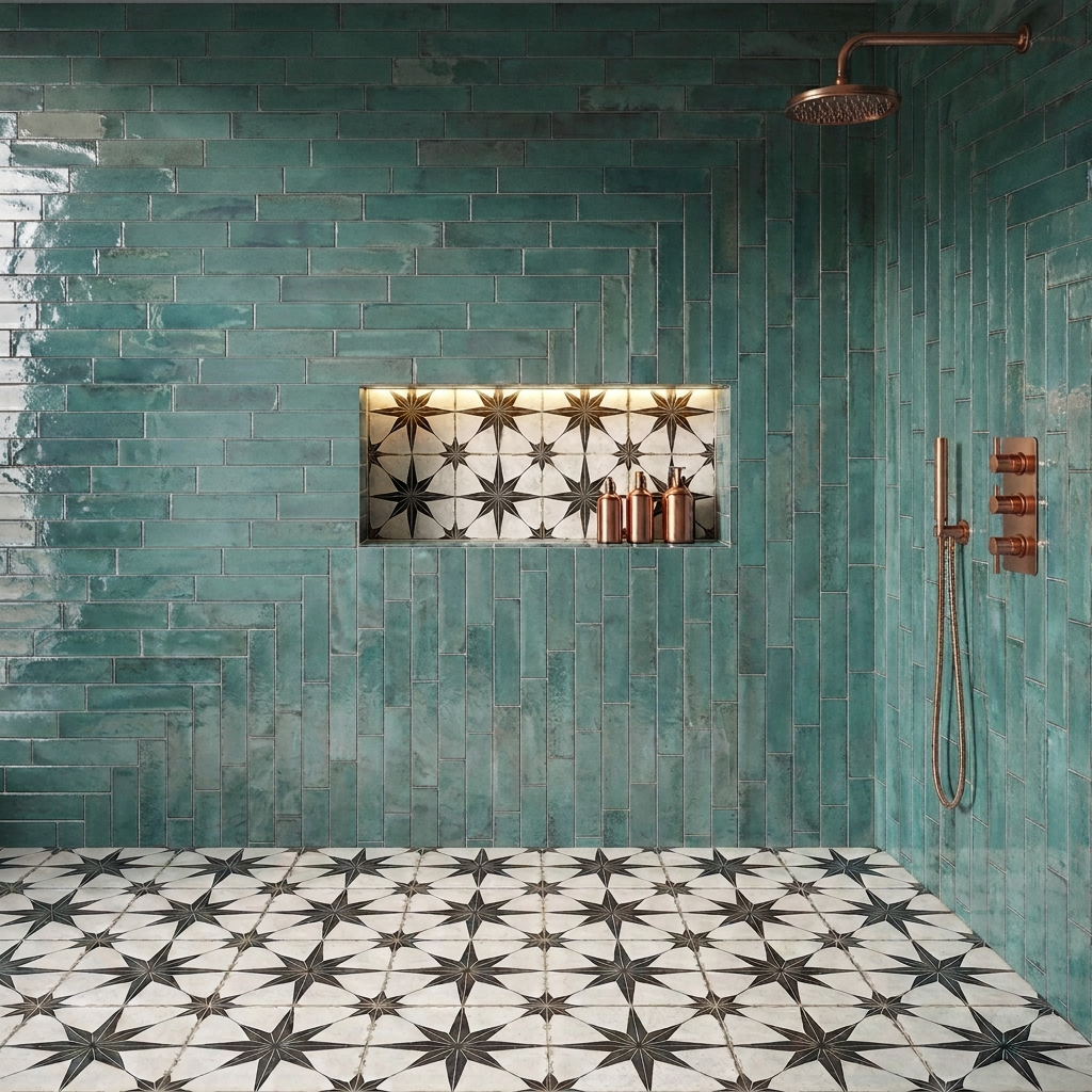 Image of Nissel Emerald brick tile shower room with copper fittings, illuminated patterned alcove and Rock Star floor tiles