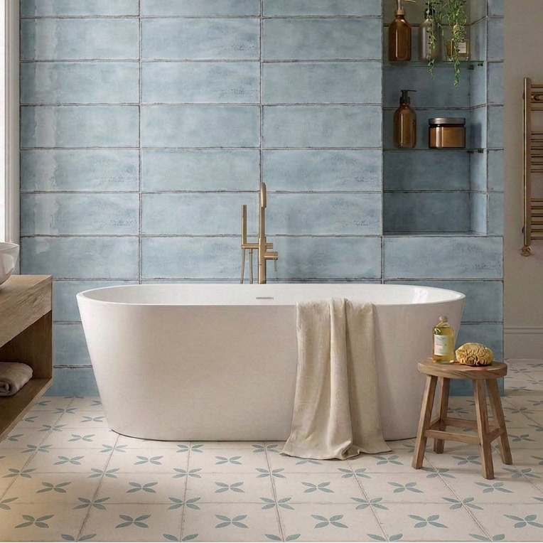 Image of Bathroom with Montblanc Denim 20x60cm wall tiles and Maria Azul 25x25cm patterned flooring, illuminated vanity and styled recess.