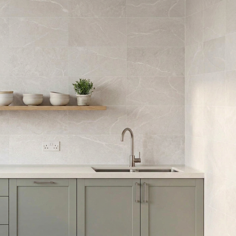 Image of Marseille White 30x60cm stone-effect tiles in a modern kitchen with sage-grey cabinets and oak shelving