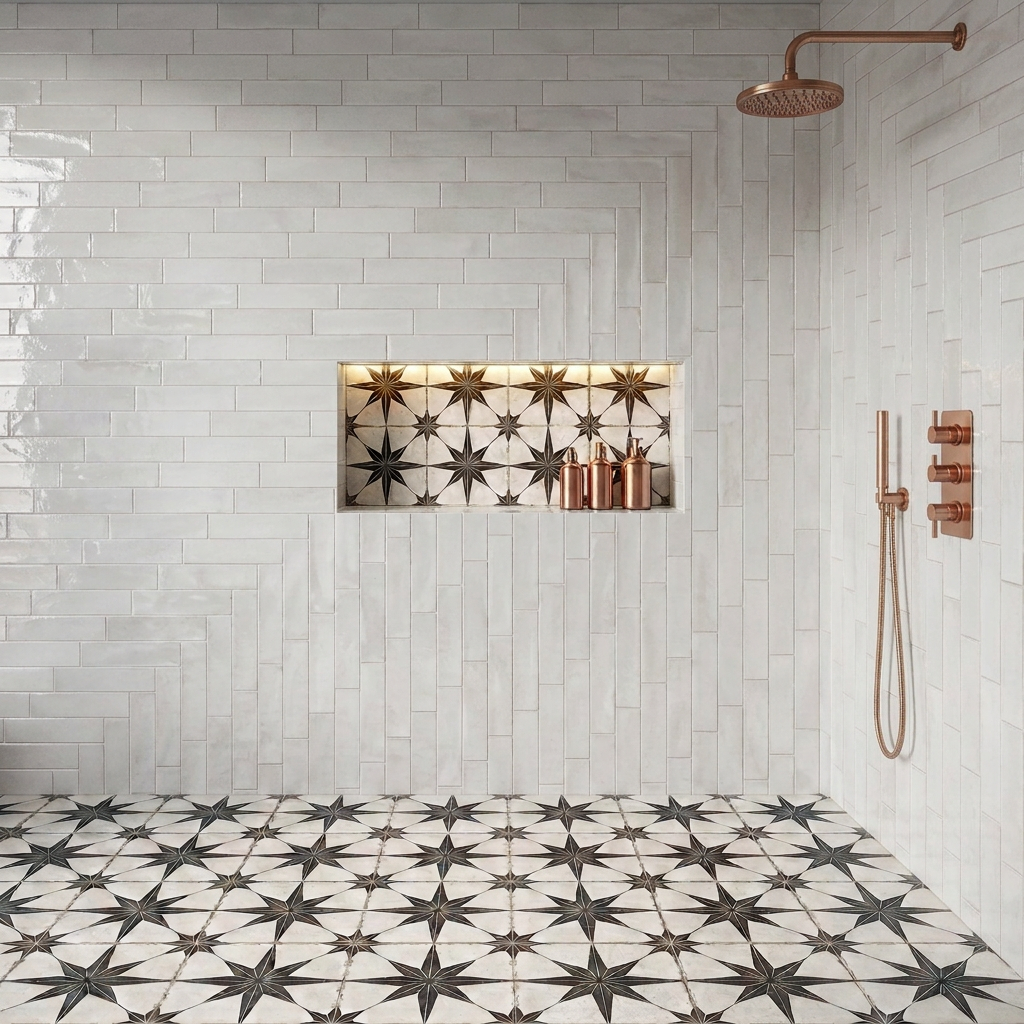 Image of Nissel White brick tile shower room with copper fittings, illuminated patterned alcove and star-patterned floor