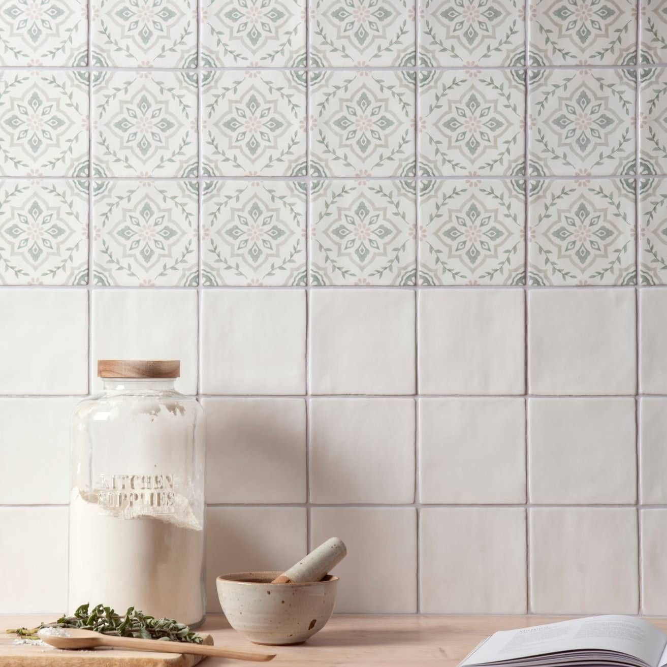 Image of Jaipur Field Tile Jasmine on Frost kitchen wall