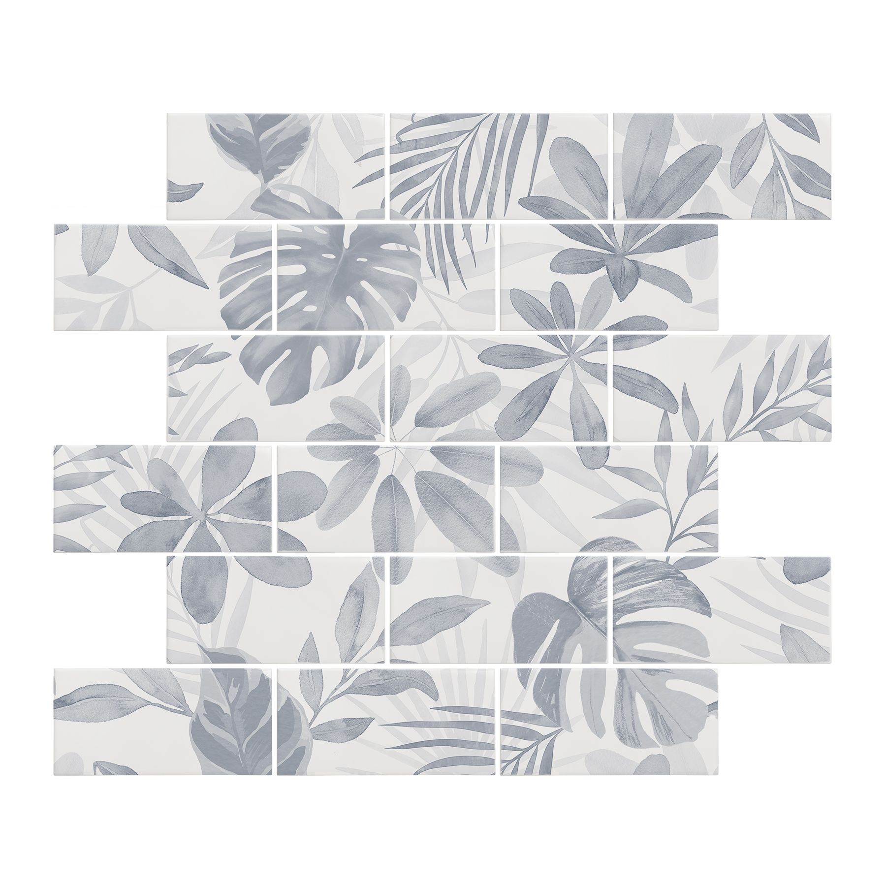 Image of Jungle Grove Brick-bond Blue 18-tile panel wall tile 45.6x45.6cm-Ceramic wall tile-Original Style-Tile.co.uk