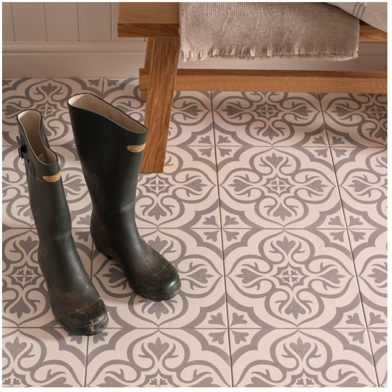 Image of Knightshayes Light Grey On Chalk 29.8x29.8cm-Porcelain tile-Original Style-Tile.co.uk