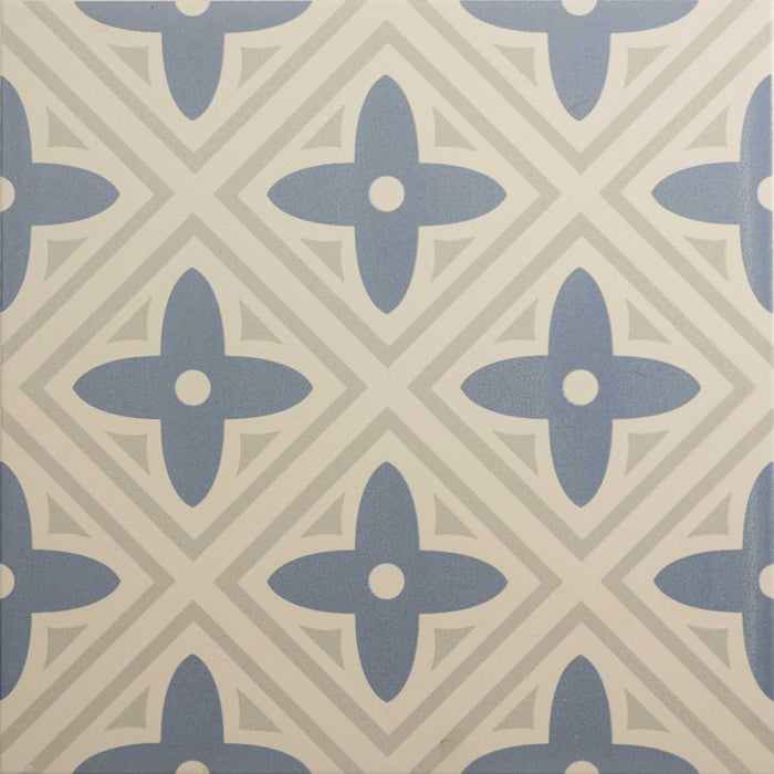 Patterned tile with blue and beige design