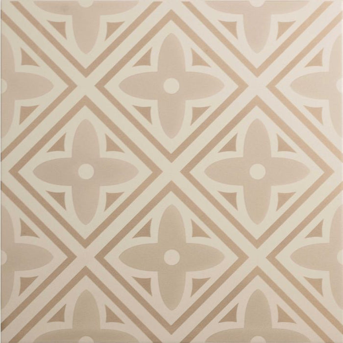 Geometric pattern with diamond shapes and floral elements on a beige background