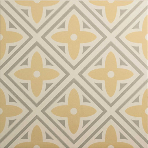 Patterned tile with yellow and gray design