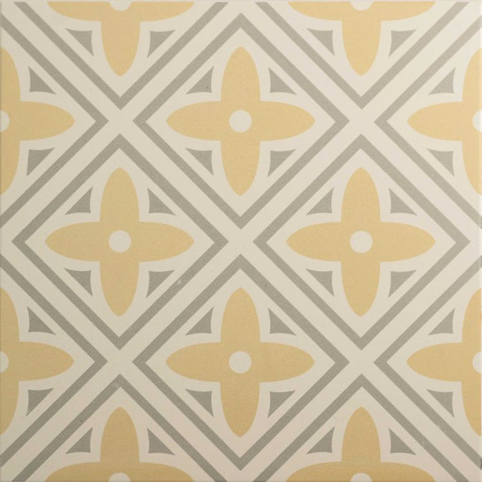 Patterned tile with yellow and gray design