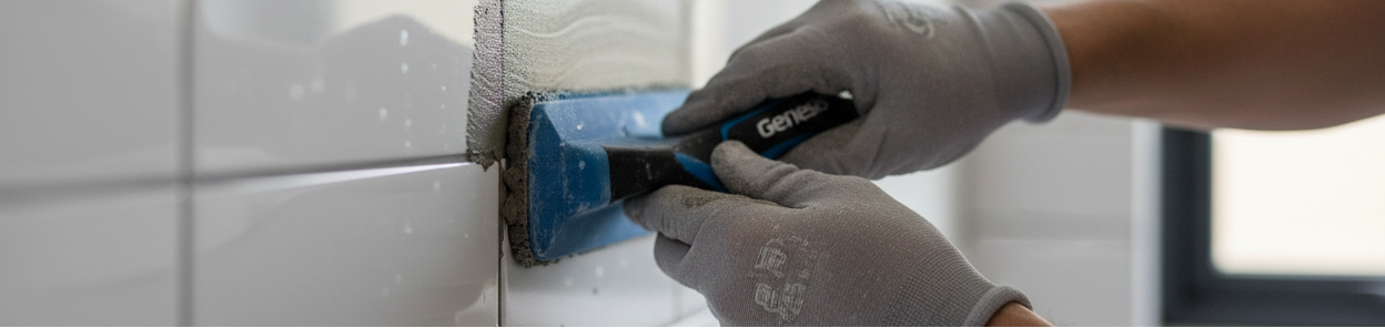 Image of Person applying adhesive to tiles with a notched trowel in a bathroom setting