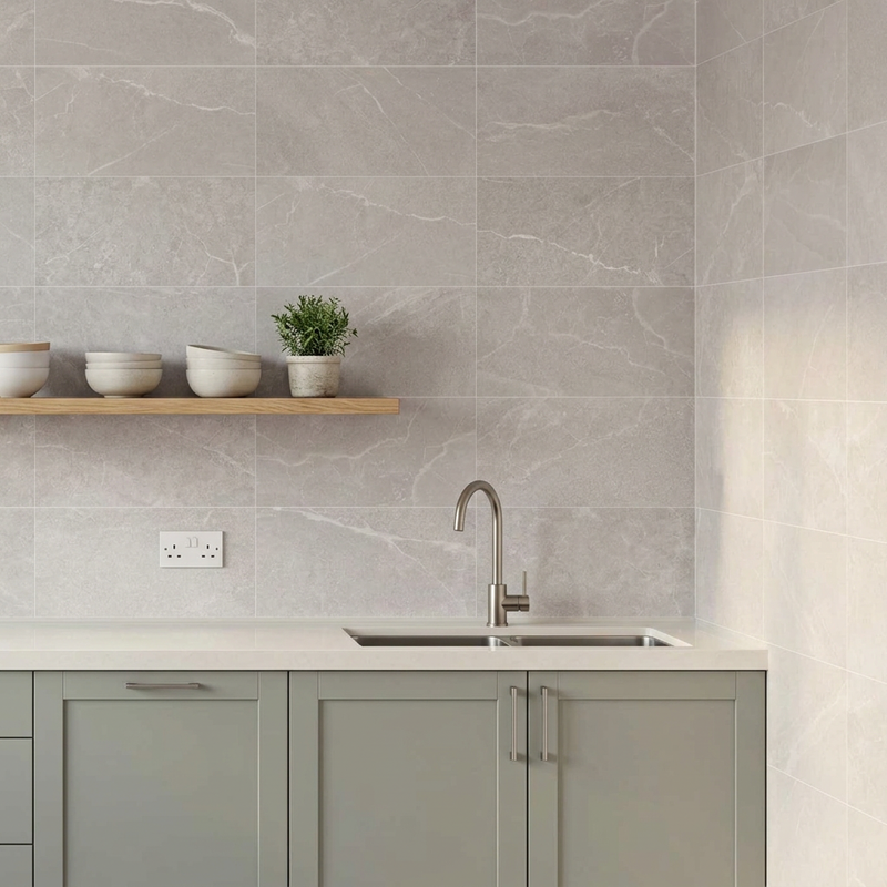 Image of Marseille Grey tiles in a modern UK kitchen with sage-grey cabinetry and oak shelving