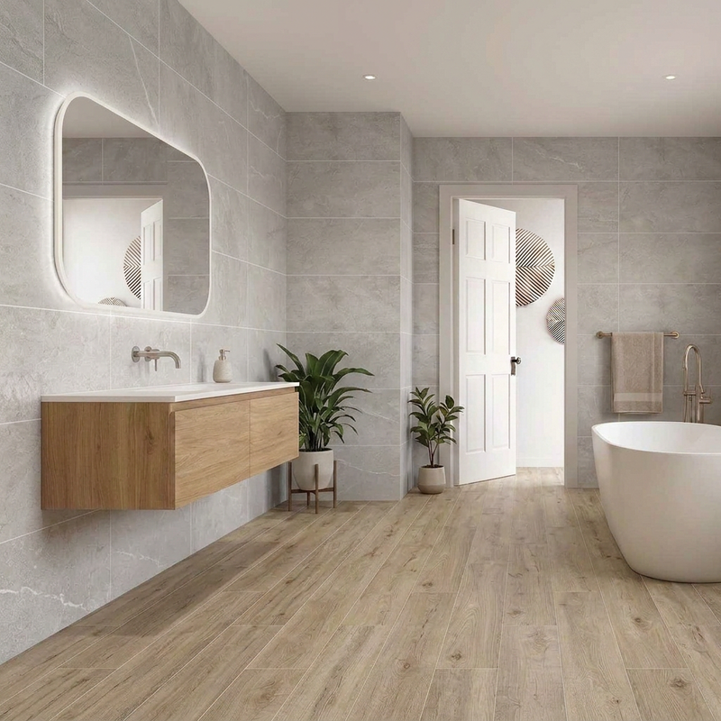 Image of Matching bathroom with Marseille Grey 30x60cm wall tiles and New Forest Elm Wood flooring