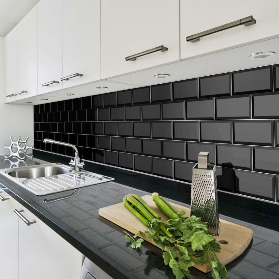 Image of Metro Black Gloss Bevelled Brick tile 10x20cm-Brick style tiles-Salcamar-tile.co.uk