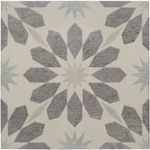 Geometric patterned rug with star design on a beige background