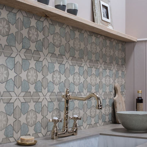 Kitchen sink area with patterned tiles and modern faucet
