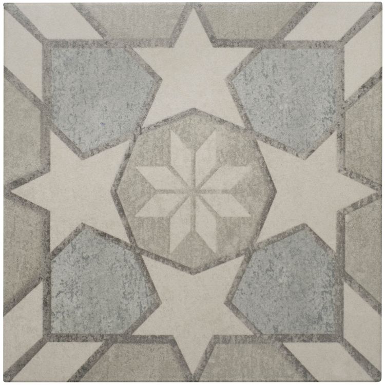 Image of Tile with star and hexagon pattern in gray and beige tones