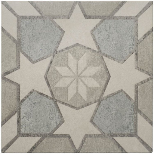 Tile with star and hexagon pattern in gray and beige tones