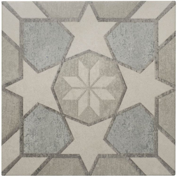 Tile with star and hexagon pattern in gray and beige tones
