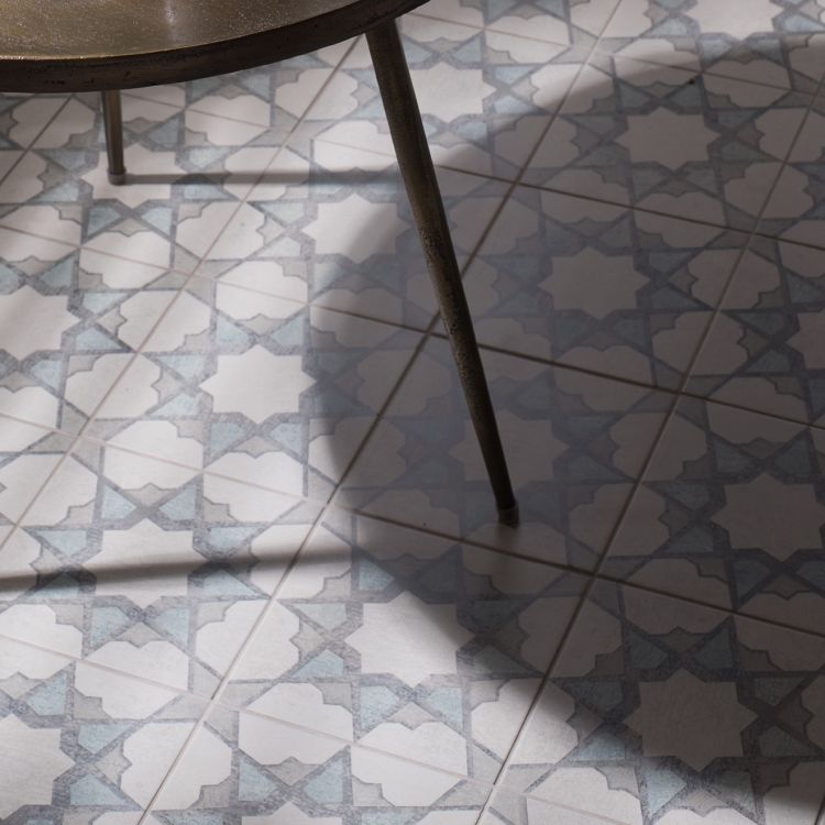 Image of Patterned tiles on a floor with a chair leg partially visible