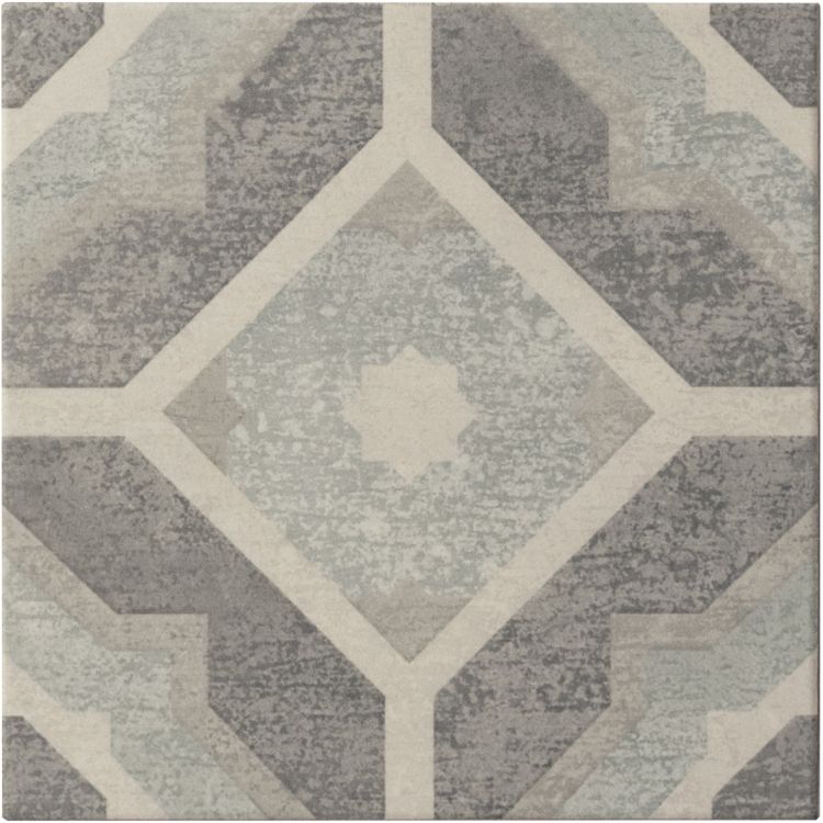 Image of Geometric tile pattern in muted grey and beige tones with a central diamond and star-like motif.